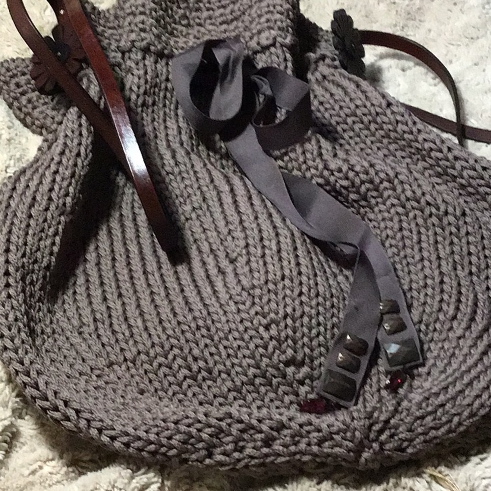 Hand Knit Drawstring Leather Strap Boho Bag